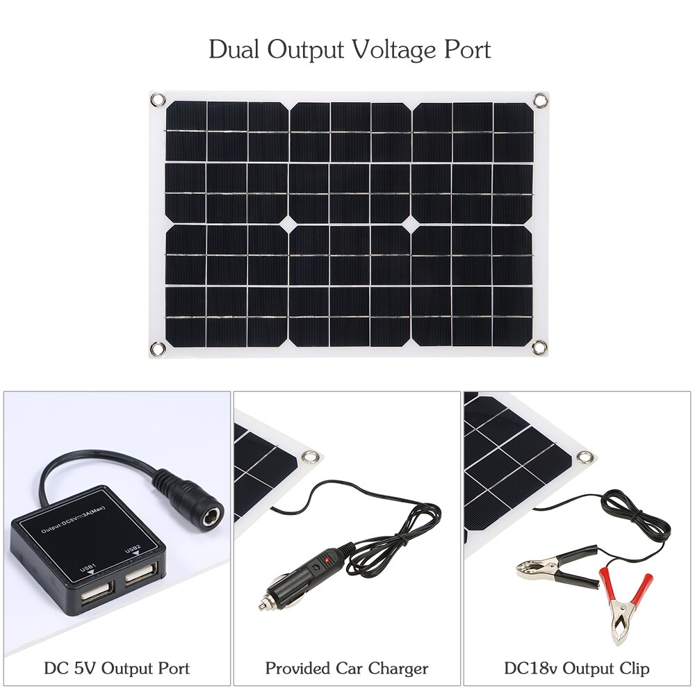 50W DC 5V/18V Dual Output Solar Panel with 2 USB Ports & Car Charge IP65 Water Resistance 12V/24V Solar Charge Controller PWM