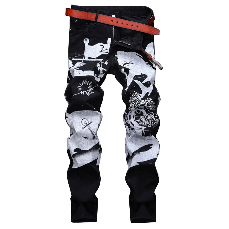 Print casual jeans bukser mænd slim fit denim bukser jean jogger mænd hip hop streetwear bukse tøj sort  wa108