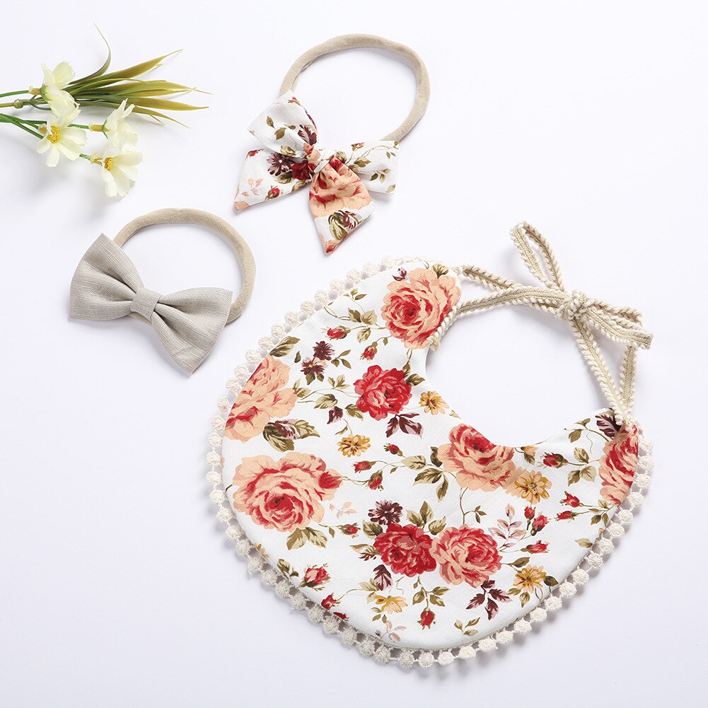 Baby Slabbetjes + Baby Hoofdbanden Set Katoen Bloemenprint Kant Burp Doeken Voor Baby Baby Spullen Pasgeborenen Baby Accessoires