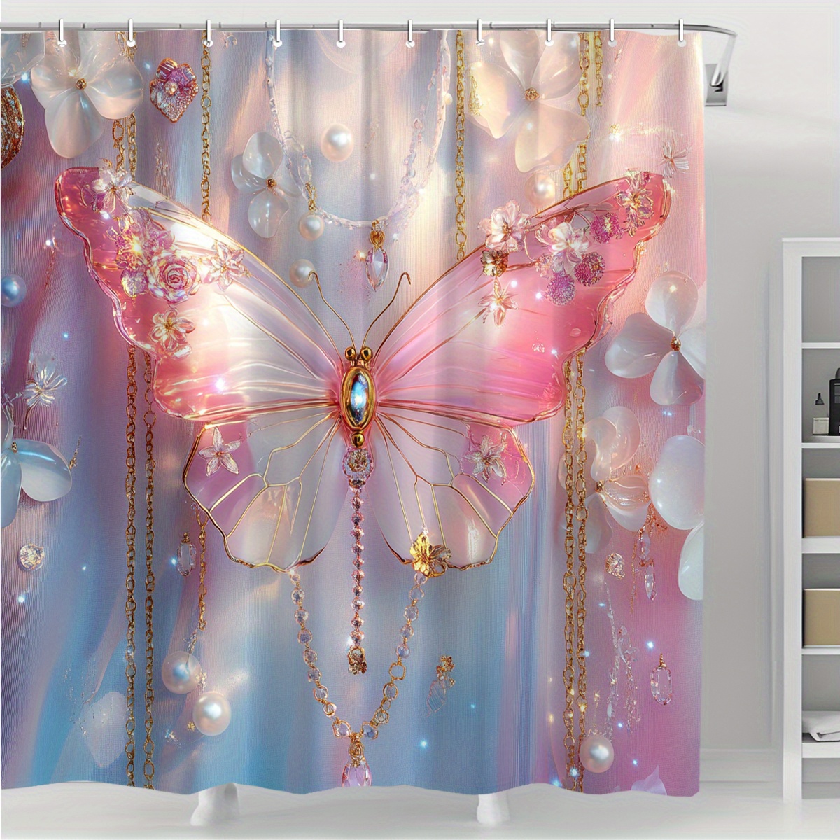1 cortina de ducha de mariposa con purpurina rosa, decoración de baño perfecta para todas las estaciones, privacidad de la ducha | Cortina impresa digital