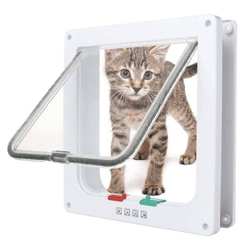 Puerta de 4 vías con solapa para perros y gatos, puerta de seguridad bloqueable para mascotas, animales, ventana, entrada libre, fácil de instalar, suministros para mascotas: Blanco / L 25X23.5X5.3cm