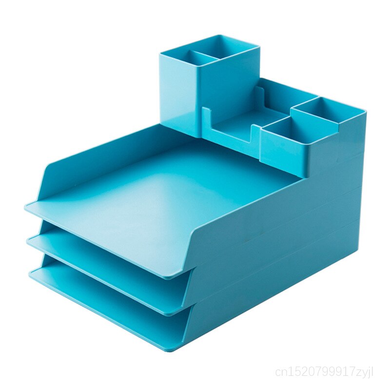 Aqua stablet akryl skrivebord tilbehør opbevaringsskuffer desktop  a4 brev filbakker blyant kop skrivebord arrangør sæt skrivebord arrangører: 3 plus 1- blå