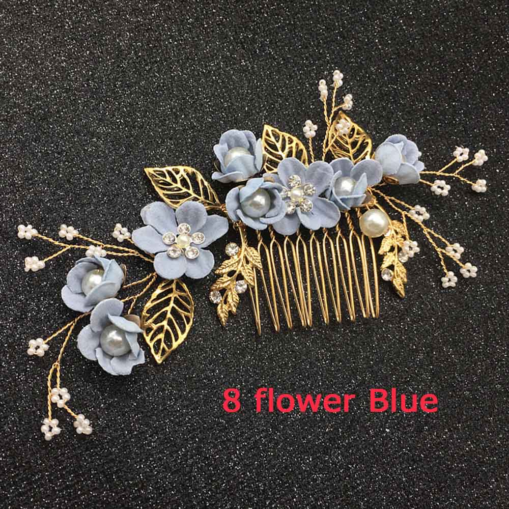 Carddoor biżuteria grzebienie do włosów niebieski czerwony różowy kwiat złote liście szpilki do włosów stroik Prom ślubne akcesoria do włosów: blue 8 flower