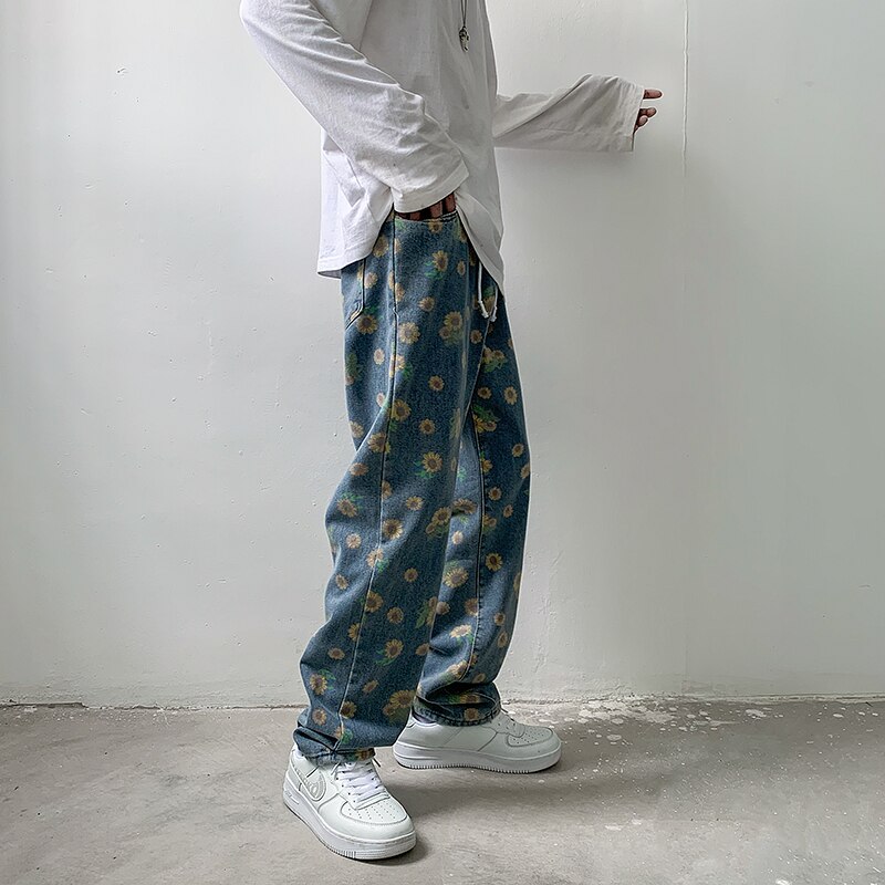 Men Jeans Floral Printed Drawstring Full Length Denim Long Trousers Hip Hop Korean Style Trends Leisure Loose Handsome