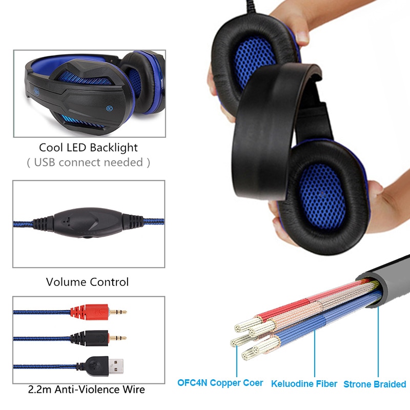 Écouteurs filaires LED avec Microphone, casque de jeu stéréo, pour PC, PS4, téléphone