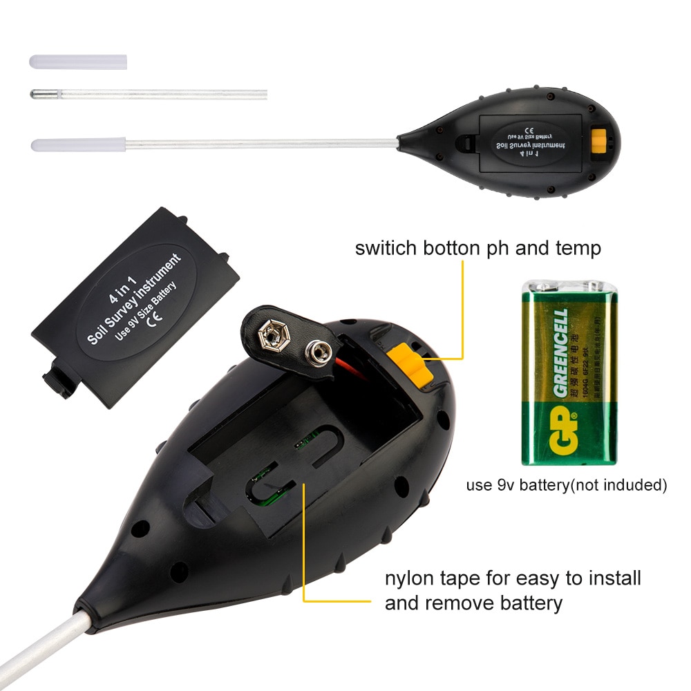 4 In 1 Digital Soil PH Meter Moisture Monitor Temperature Sunlight Tester For Gardening Plants Farming With Blacklight