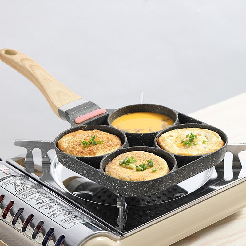 4 Hole Omelet Pan for Burger Egg Ham Pancake Maker Wooden Handle Frying Pan