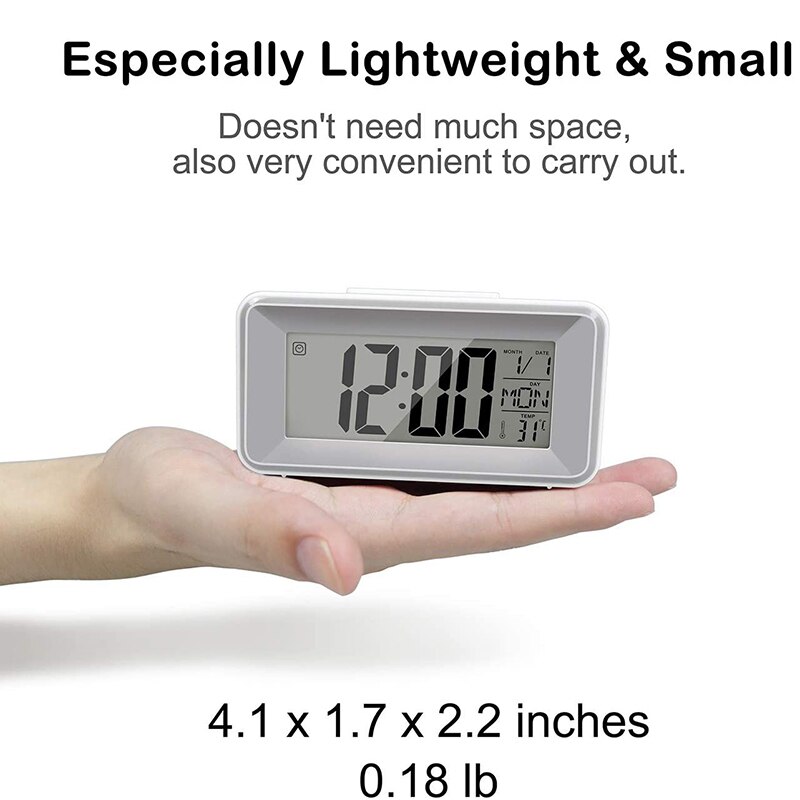 Digital Alarm Clock, Small LCD Desk Table Clock with Sound Control Light, 12/24 Hour, Timer and Temperature Display
