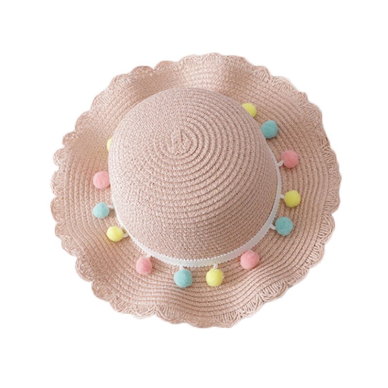 Hoed Tas Set Golvend Stro Hoeden Gekleurde Ballen Cap Enkele Schoudertas voor Kinderen Lente Zomer Strand LMH66: Roze