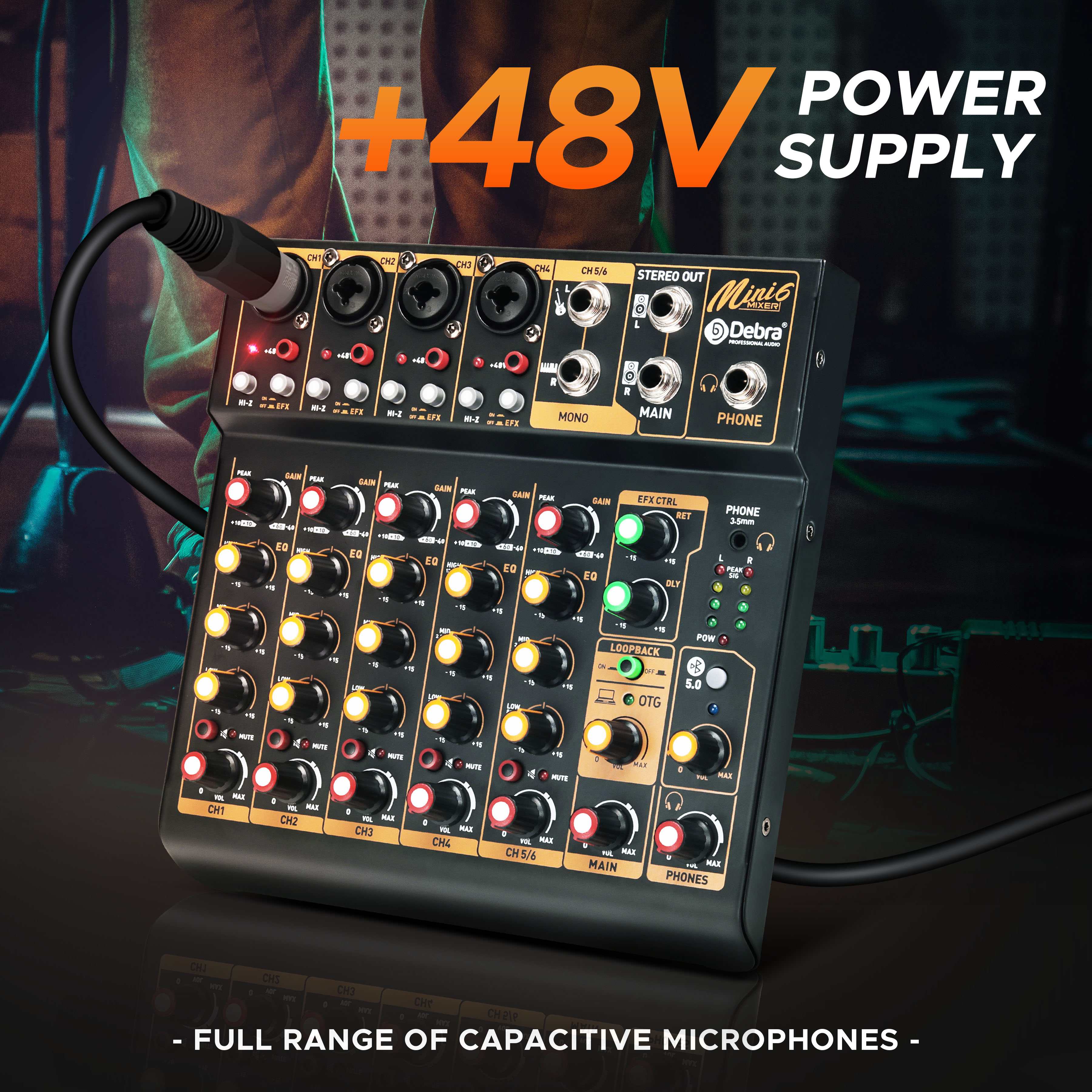 IKGE Mini4 Mini6 4/6 Channel Audio Mixer, DJ Mixer with Bluetooth 5.0 OTG Reverb 48V Sound Card for PC Recording, Webcasting