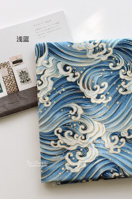 Doe-het-zelf katoenen linnenstof voor tafelkleed/kussenhoezen, japanse ukiyoe-prints met oceaan-golven, prachtige bronzen kleding-/tassenstof: Lichtblauw