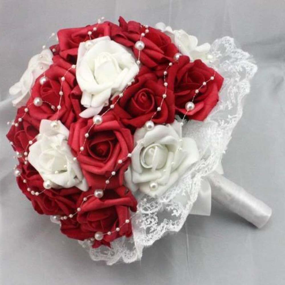 Piękne sztuczne czerwone kwiaty ślubne bukiety ślubne perły kwiat bukiet róż