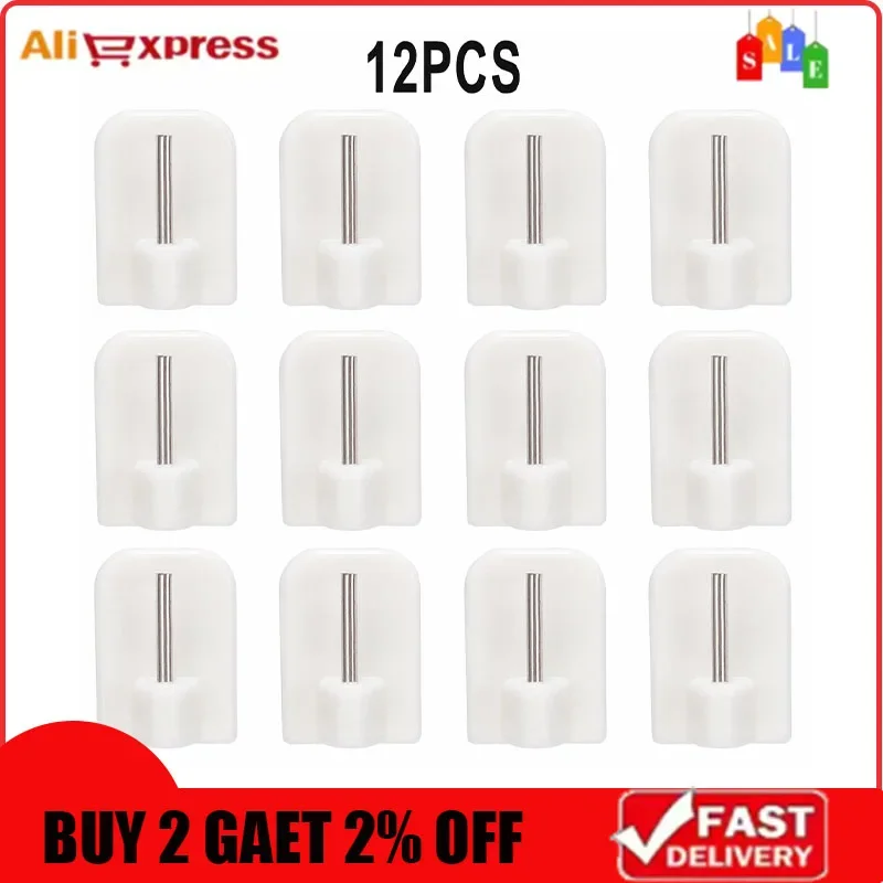Ganchos de cortina duraderos, soporte autoadhesivo de acero inoxidable + PVC blanco, 4/8/12 Uds., gancho para barra de cortina, almacenamiento para el hogar