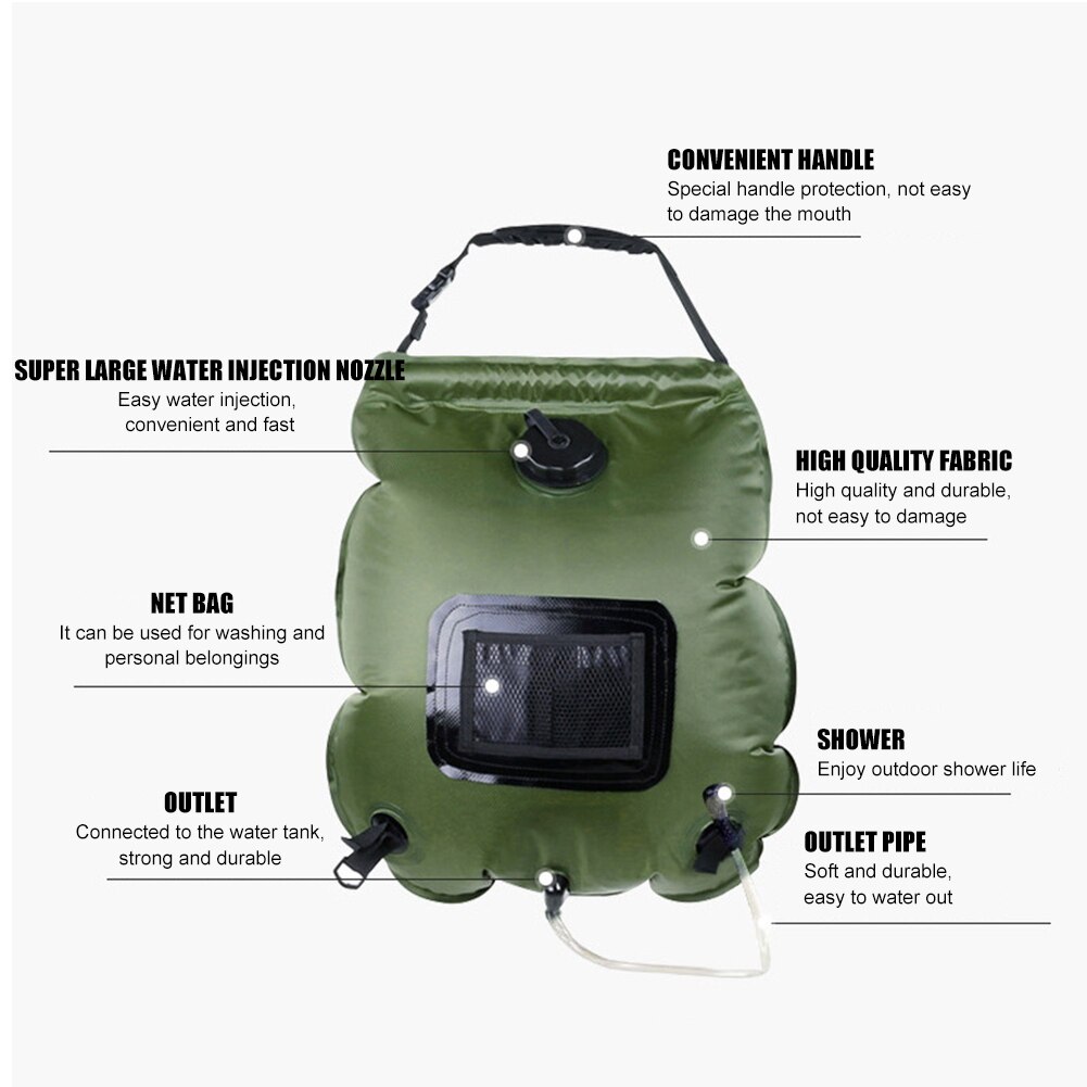 5 Gallon Solar Shower Bag – Camping Shower With On/Off Hose Head – Black PVC – Solar Powered – 25.8 Inch Hose