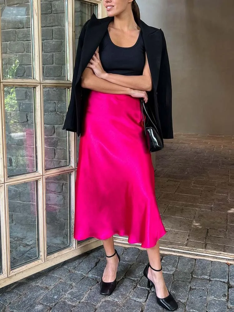 Silke satin nederdele til kvinder højtaljet nederdel kvinder a-linje nederdele sommer pink midi nederdel koreansk stil: M / Rosenrød