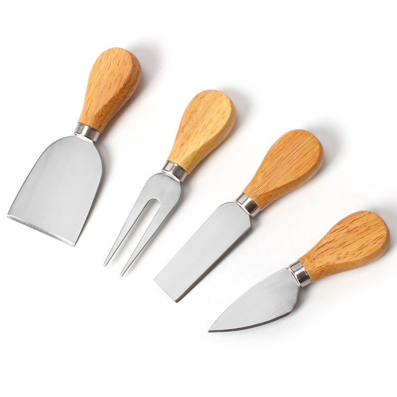 Juego de 4 cuchillos para queso, cubiertos para queso, cortador de queso de acero inoxidable, mango de madera, Mini cuchillo, cuchillo para mantequilla, espátula, tenedor: Default Title