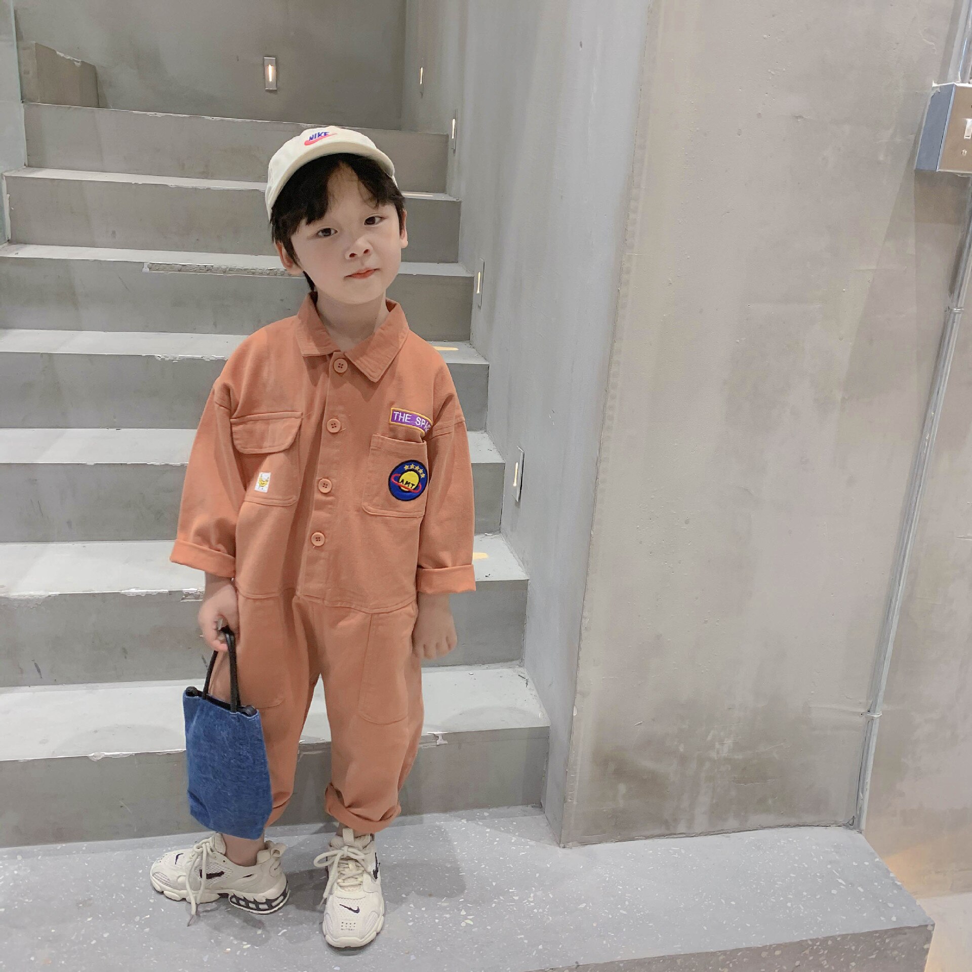 Korean style boys embroidery long sleeve one-pieces children solid color oversized jumpsuits: orange / 6T