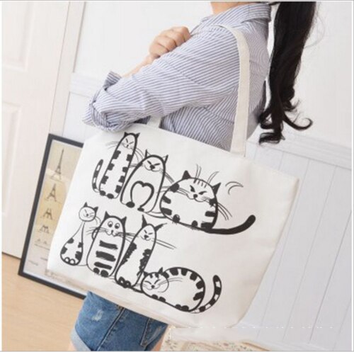 Leuke Cartoon Kat Gedrukt Rits Schoudertas Supermarkt Boodschappentassen Casual Ritssluiting Canvas Tas