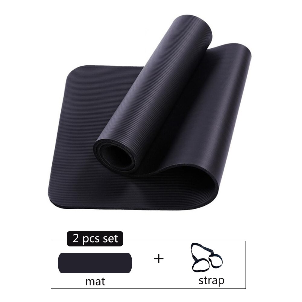10mm extra tjocka 183 x 61cm halkfria yogamattor för fitness smaklösa pilates gym träningsdynor med bandage/väska: Svart -2 st set