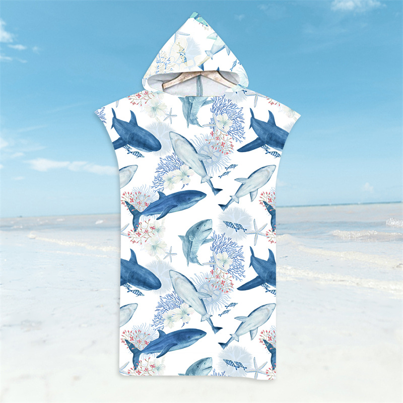 Hai-Bademantel, Strandtuch mit Tiefsee-Tieren, schnell trocknendes Badetuch, leichter Kapuzenumhang, Schwimmen, Surfen, Erwachsene, Damen, Herren, Poncho: Schwarz