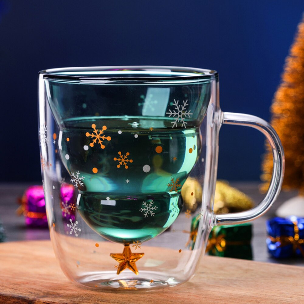 300ML Koffie Mok Dubbelwandige Glazen Cup kerstboom Isolatieglas mokken met Handvat Perfect voor Latte, americano Cappuccino