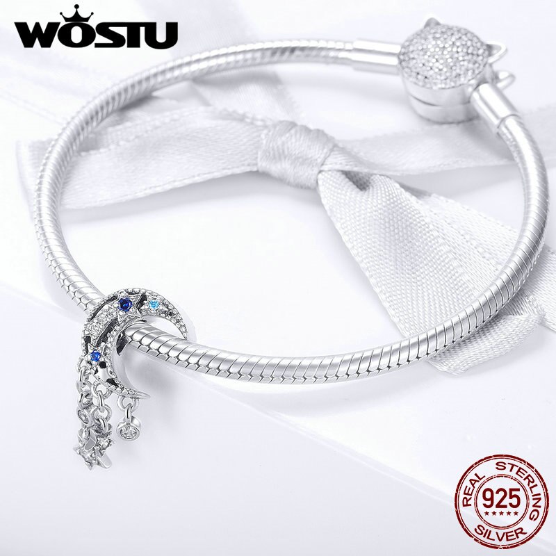 Wostu Real 925 Sterling Zilver Shimmering Midnight Moon & Stars Bead Charms Fit Originele Armband Ketting Sieraden CTC023