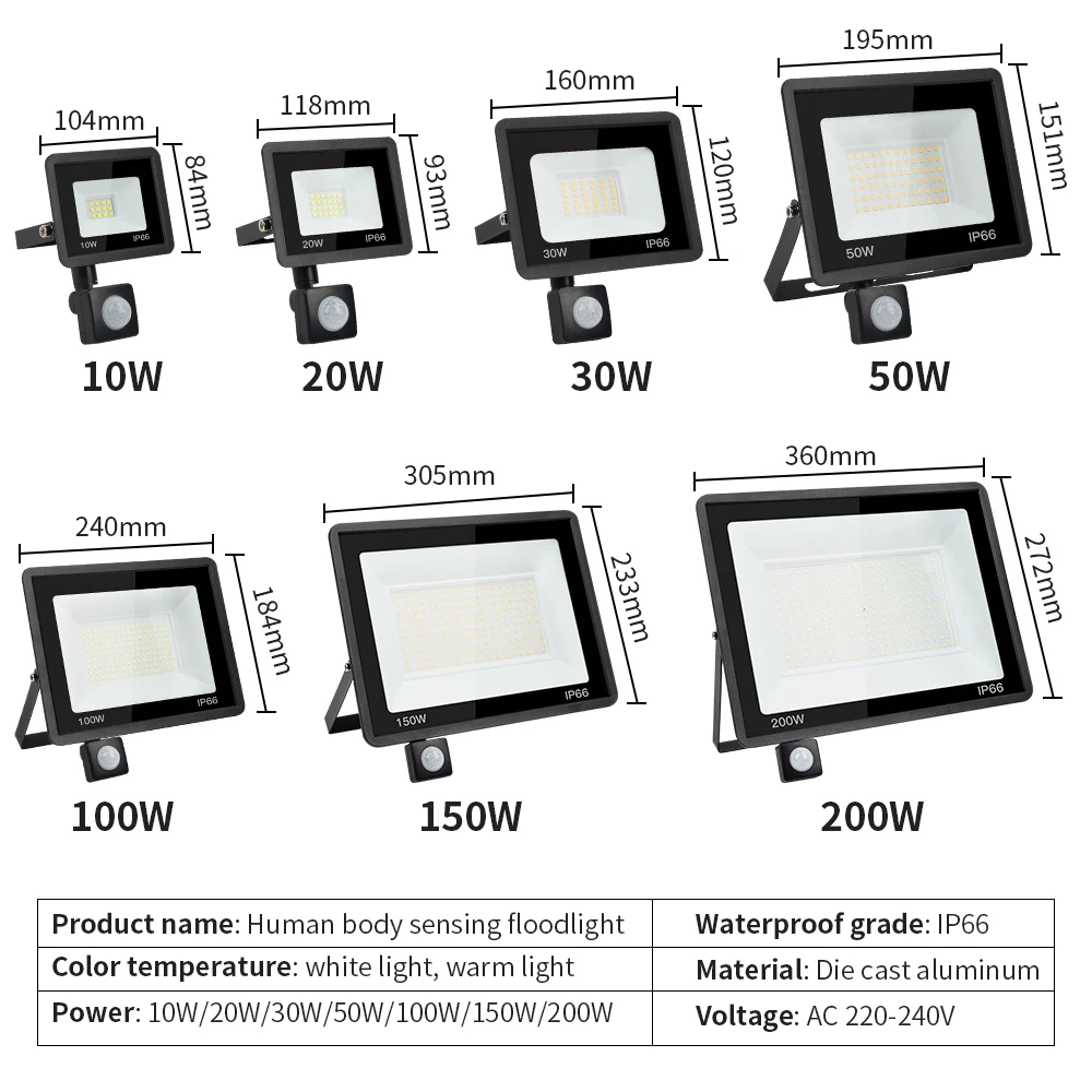 PIR Motion Sensor LED Floodlight AC220V Outdoor IP66 Waterproof Reflector LED Spotlight 10W 20W 30W 50W 100W 150W 200W Wall Lamp