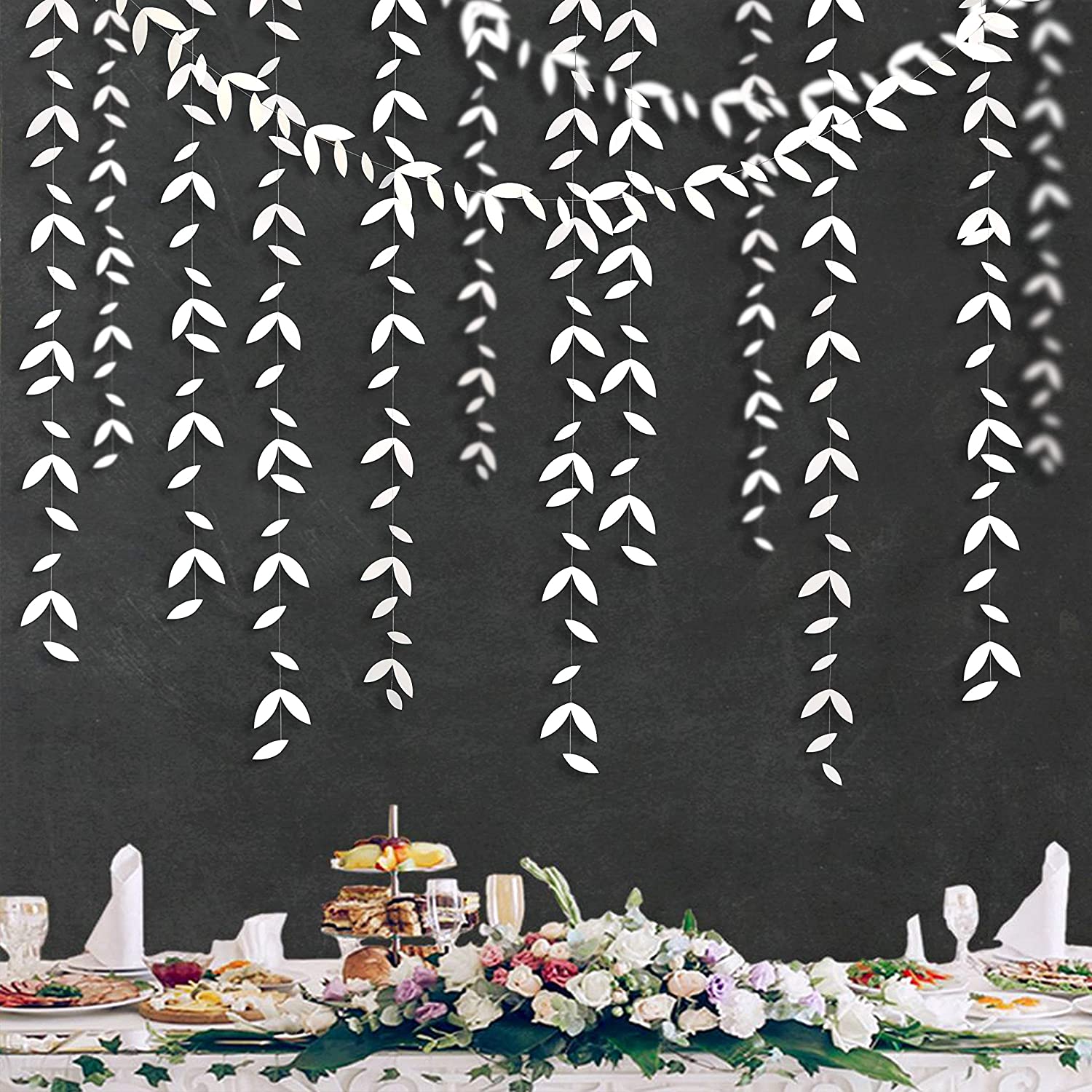 13ft Spring Summer Themed Green Leaf Garlands Party Decorations Paper Hanging Leaves Banner for Birthday Wedding Showcase Decor: White