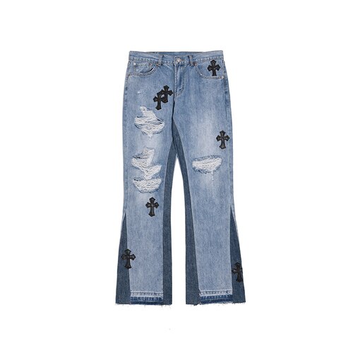 Pantalones vaqueros rasgados para hombre y mujer, ropa urbana de retales de cuero PU con costuras cruzadas, Micro acampanados, estilo Hip Hop: wathet / Asian 30