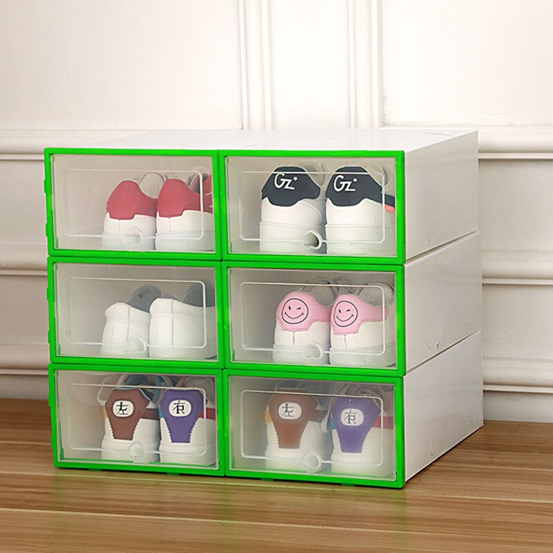 6 stk foldbar plast sko kasse tyk gennemsigtig skuffetaske støvtæt stabelbar overlejret arrangør opbevarings kombination rack: Grøn 6pc 34 x 24 x 14