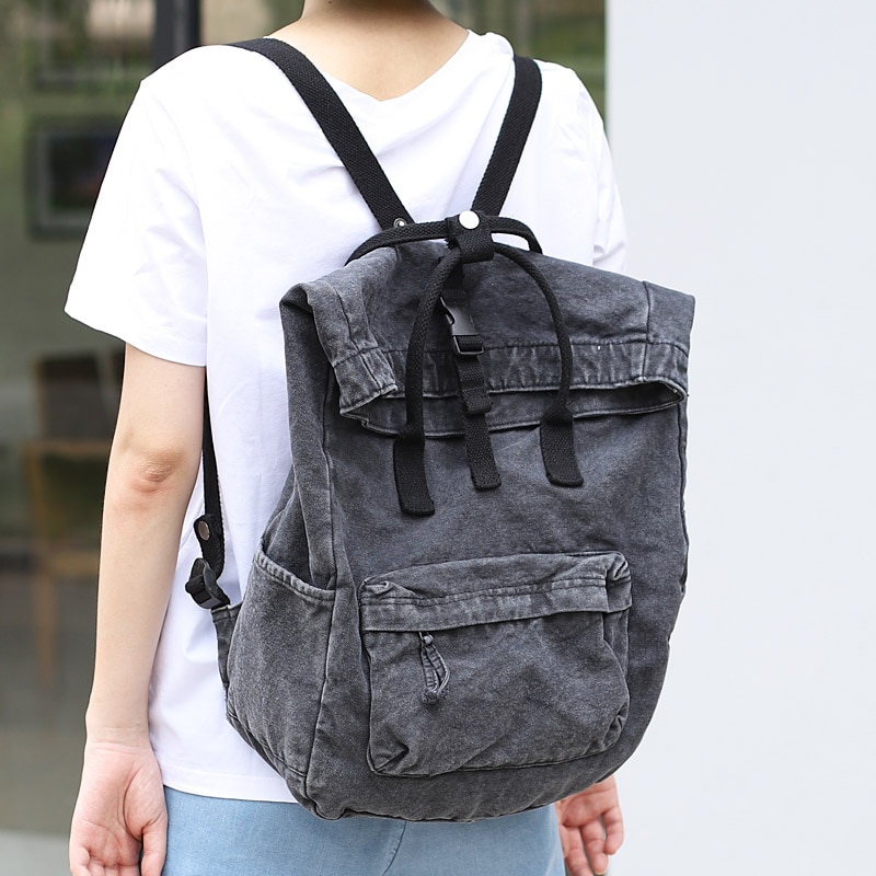 Vintage tvättad denim ryggsäck kvinnor tonåring avslappnad back to school väska kvinnligt tyg mjukt dagligt dagsäck student stor väska