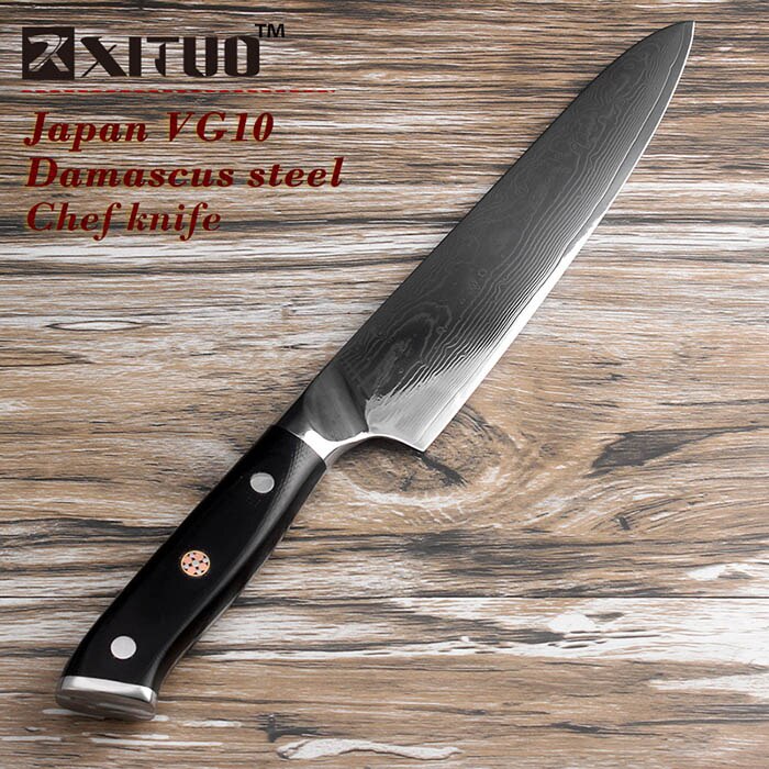 Japani  vg10 damaskusteräksinen keittiöveitsi  g10 kahva + luumun kukka paras kokkiveitsi terävä leikkuri santoku keittotyökalu: 8 tuuman kokkiveitsi