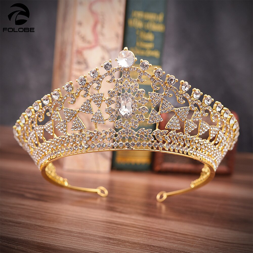 Grandes tiaras y coronas nupciales con diamantes de imitación, diademas de joyería para cabello, desfile de novia, diadema, accesorios para el cabello de boda H1134: Dorado