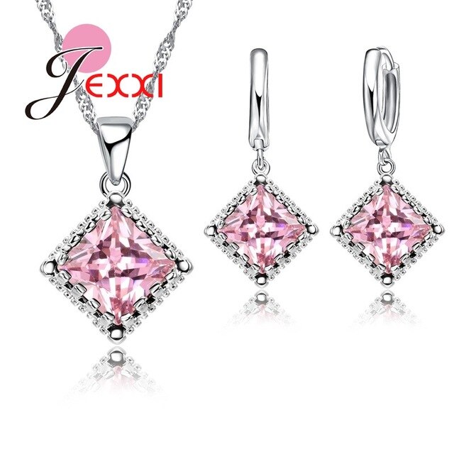 Top Sparkly Vierkante Zirconia Sieraden Set 925 Sterling Zilveren Ketting & Earring Sets Voor Vrouwen Huwelijkscadeau: pink