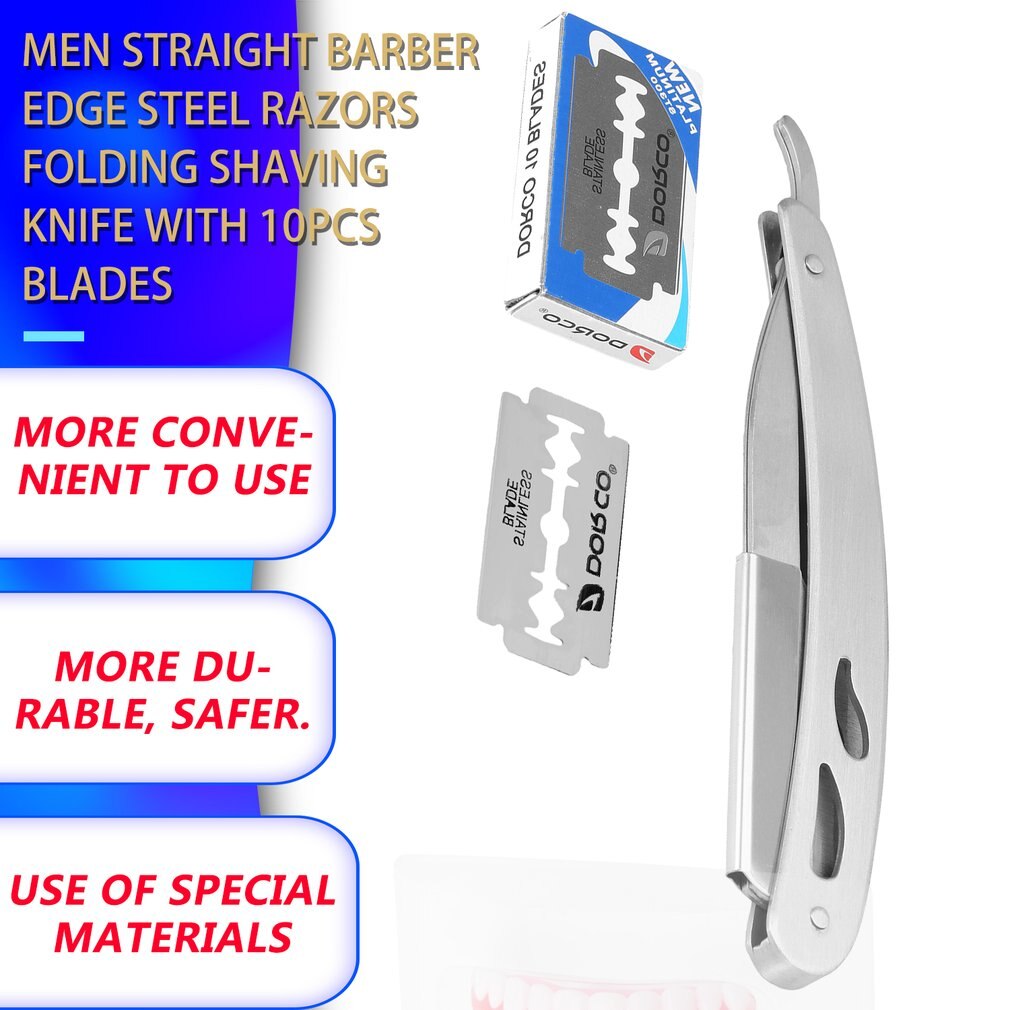 Manual Shaver Straight Edge Stainless Steel Sharp Barber Razor Folding Shaving With 10pcs Blade Straight Razor Tool