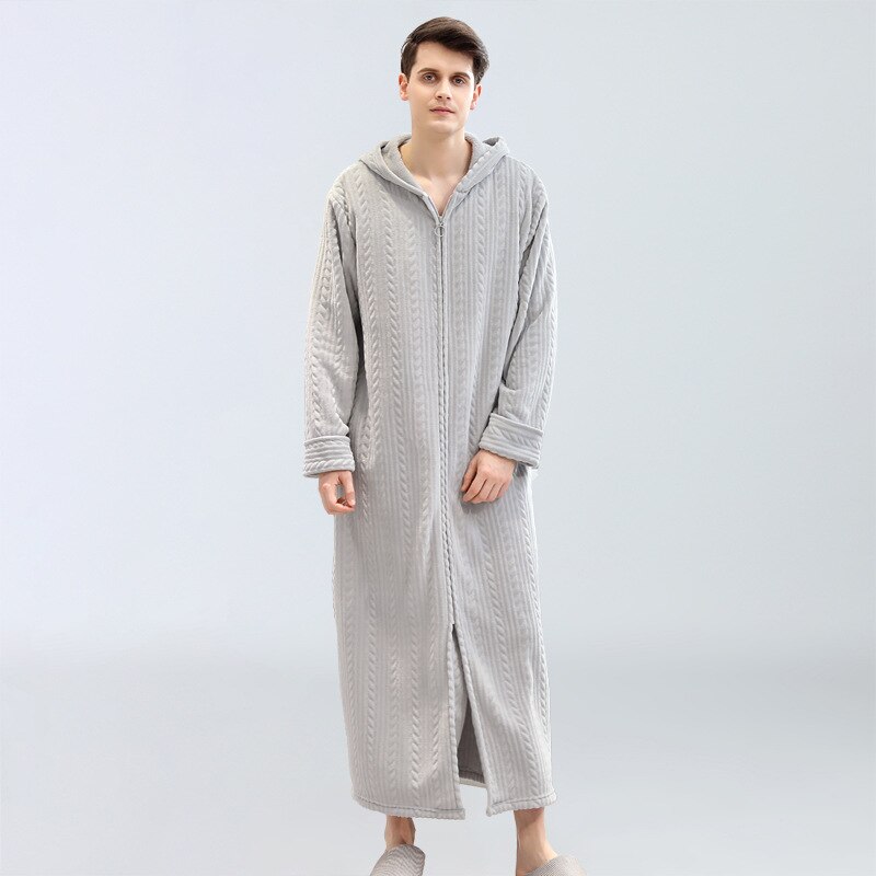 Hommes à capuche Robe hiver col châle polaire peignoir doux Spa Robe en peluche longue chaude peignoir pour hommes confortable pleine longueur chemise de nuit: Light Gray / M(Bust 118CM)