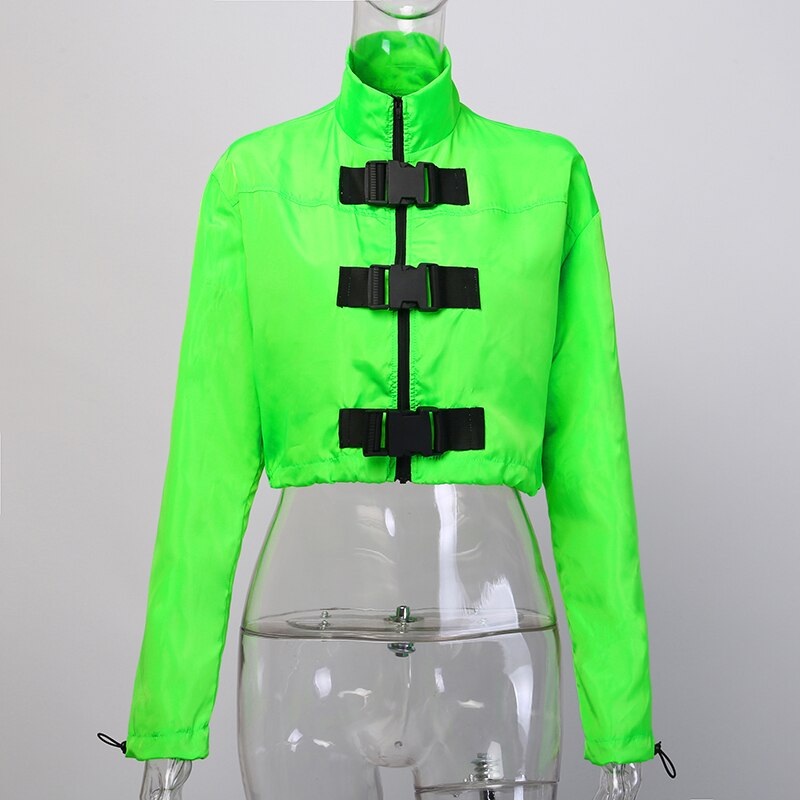 Neon Groene Vrouwen Korte Jas Rits Gesp Casual Windjack Lange Mouwen Elastische Trekkoord Jas Streetwear