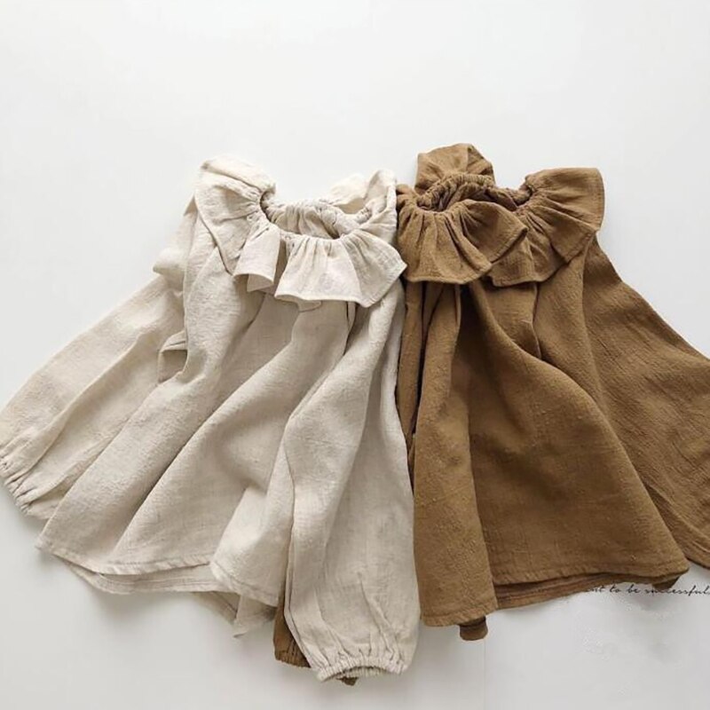 Camicetta a maniche lunghe girocollo in cotone e lino da bambina camicetta Casual tinta unita autunno giapponese per bambini WT022