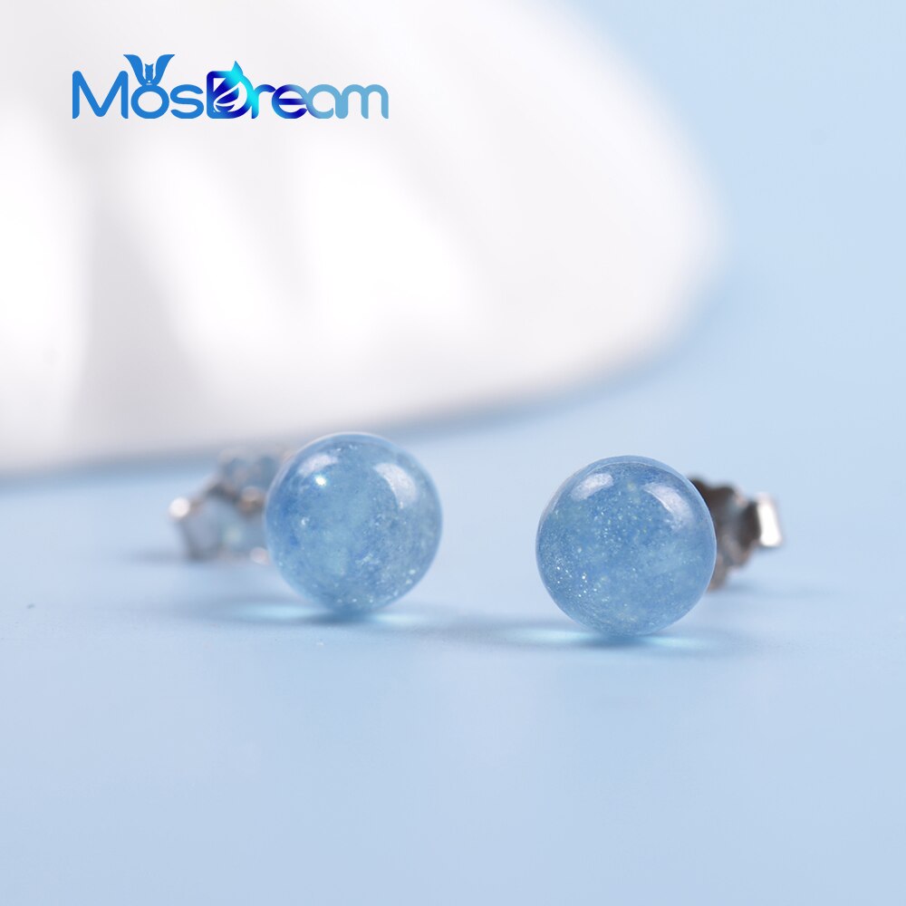 MosDream Aquamarin Ohrringe Stud s925 Silber Natürliche Edelstein Runde Blau Ohrring Schmuck für Frauen Klassische Partei