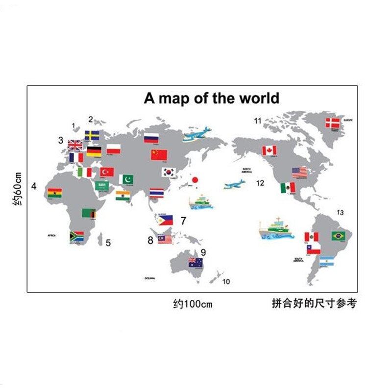 Cartoon world map wall sticker classroom bedroom wall decoration teaching map wall stickers for kids rooms