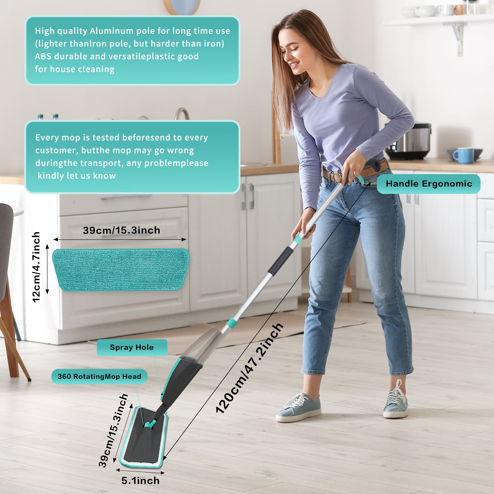 Microvezel spuitmop voor vloerreiniging - Herbruikbare vloermop met 1/4 wasbare dweilpad voor het reinigen van hardhouten laminaatvloeren