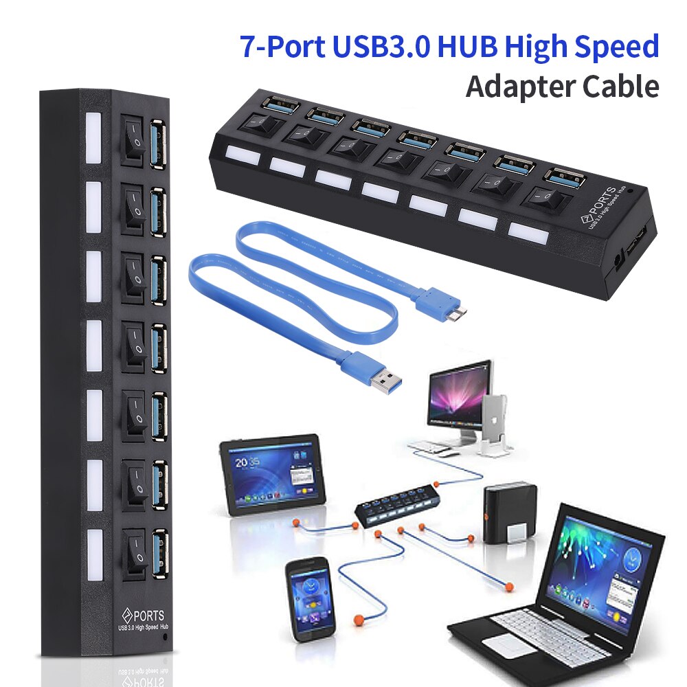 7- -poorts usb 3.0- hub usb-splitter 7- poorts expander met schakelaar voor pc