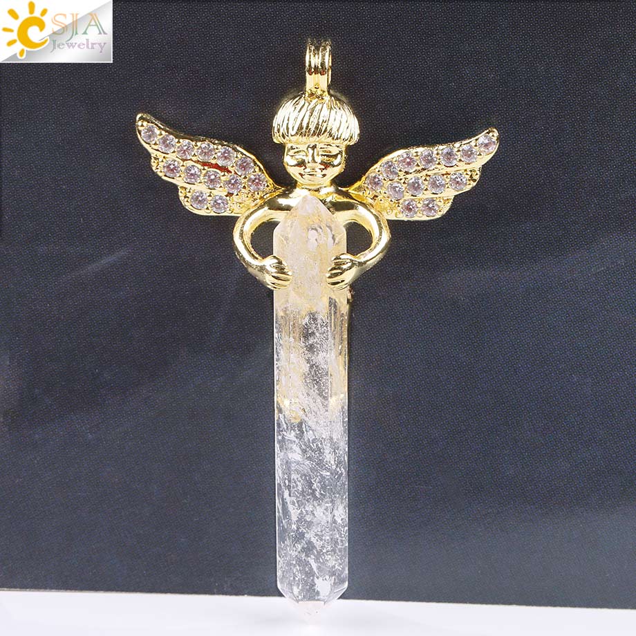 CSJA Gli Uomini e Le Donne Amano Regalo di Cristallo Naturale Gemma di Pietra Lunga Spada Esagonale Prisma Cupido Ali di Angelo Pendenti Con Gemme E Perle per Collane e818: White Crystal A