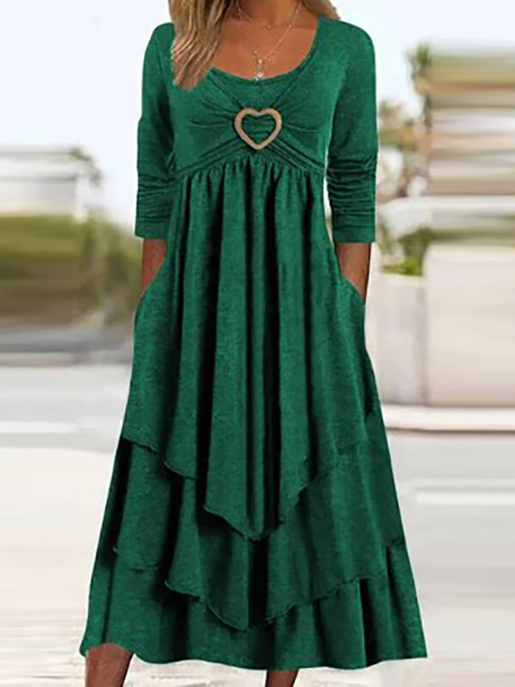 Office Women Patchwork Pockets Midi Dress Round Neck Basic Solid Long Sleeve Dress Lady Casual Summer Ruffles Club Dress