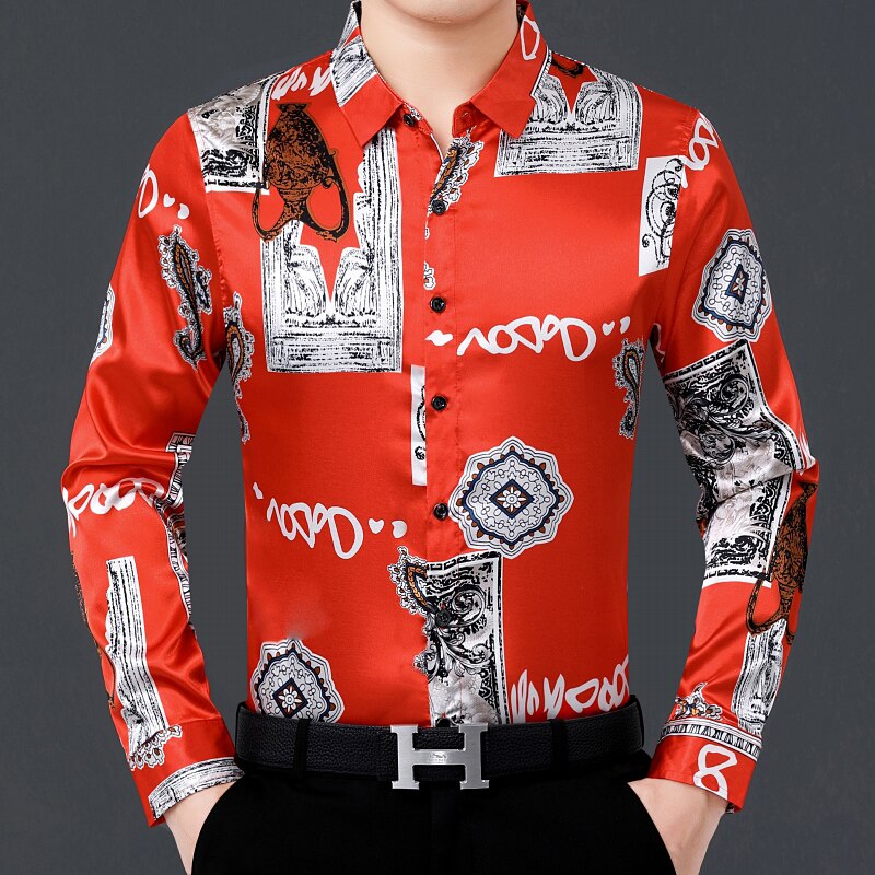Heren zijden overhemden met lange mouwen, bedrukte poplin jurken, casual satijnen bloemenkleding voor heren