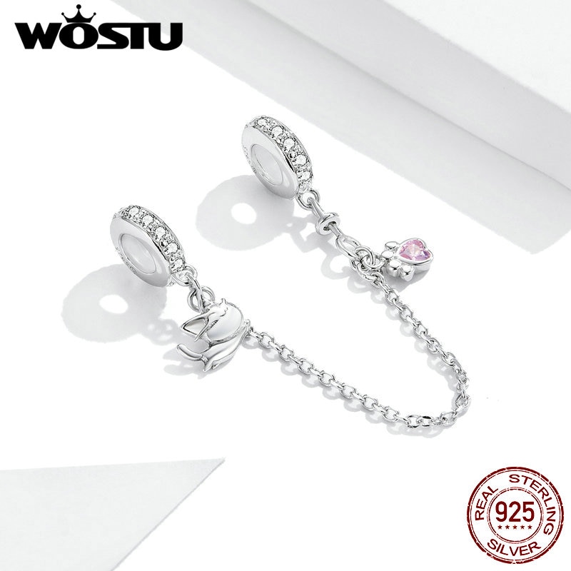 Wostu ajuste encantos originais pulseira 925 prata esterlina corrente de segurança coração charme grânulo diy jóias fazendo berloque