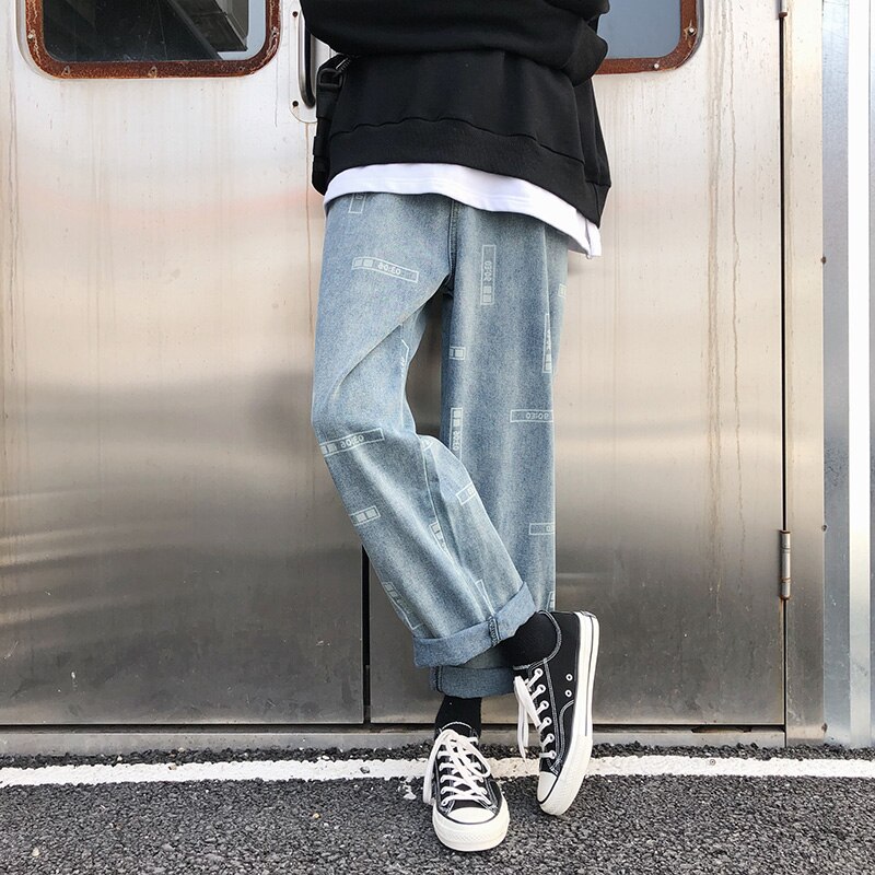 Farkut miehet digitaaliset harajuku siniset farkut siniset haaremihousut miesten japanilaiset katuvaatteet hip hop denim miesten löysät leveät housut: M