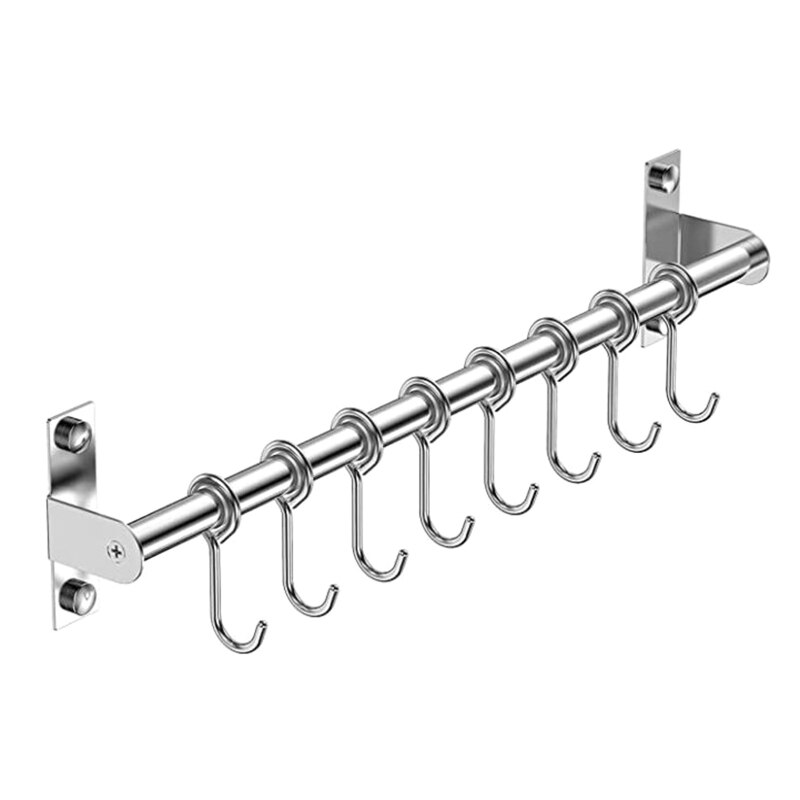 Wall Mounted Utensil Rack Stainless Steel Kitchen Hanging Rail with Hooks Removable Hanger Organizer