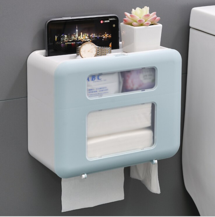 Vandtæt toiletpapirholder til toiletpapir håndklædeholder badeværelse dispenser opbevaringsboks toiletrulleholder vægmonteret: Blå
