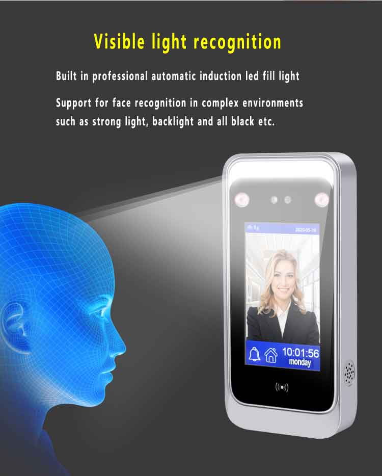 Dynamic face recognition can work at strong direct light 1MP camera TCP/WIFI Access Control 2000 face 4.3 inch touch Screen